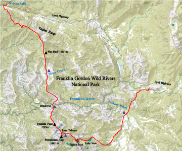 Mapa treku přes Franklin Gordon Wild Rivers NP